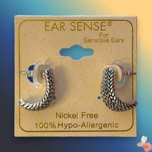 Signed Ear Sense Braided Mini Hoop Earrings Post Silver-Tone191